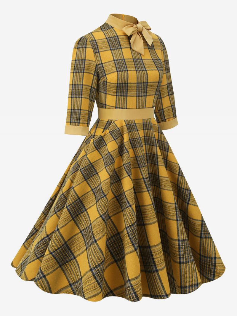 Vestido Retrô Anos 50 Audrey Hepburn Estilo Café Marrom Xadrez Feminino Meia Manga Gola Alta Balanço - Amarelo