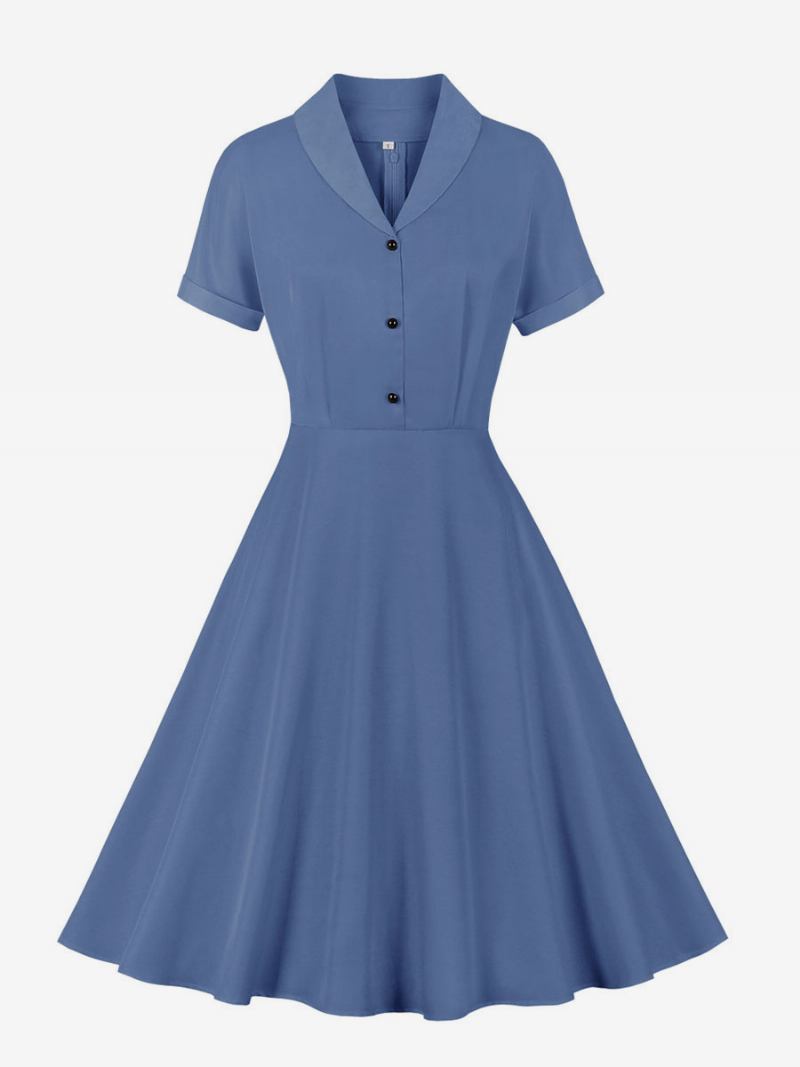 Vestido Retrô Anos 50 Audrey Hepburn Estilo Decote Em V Mangas Curtas Feminino Na Altura Do Joelho Rockabilly -  Azul