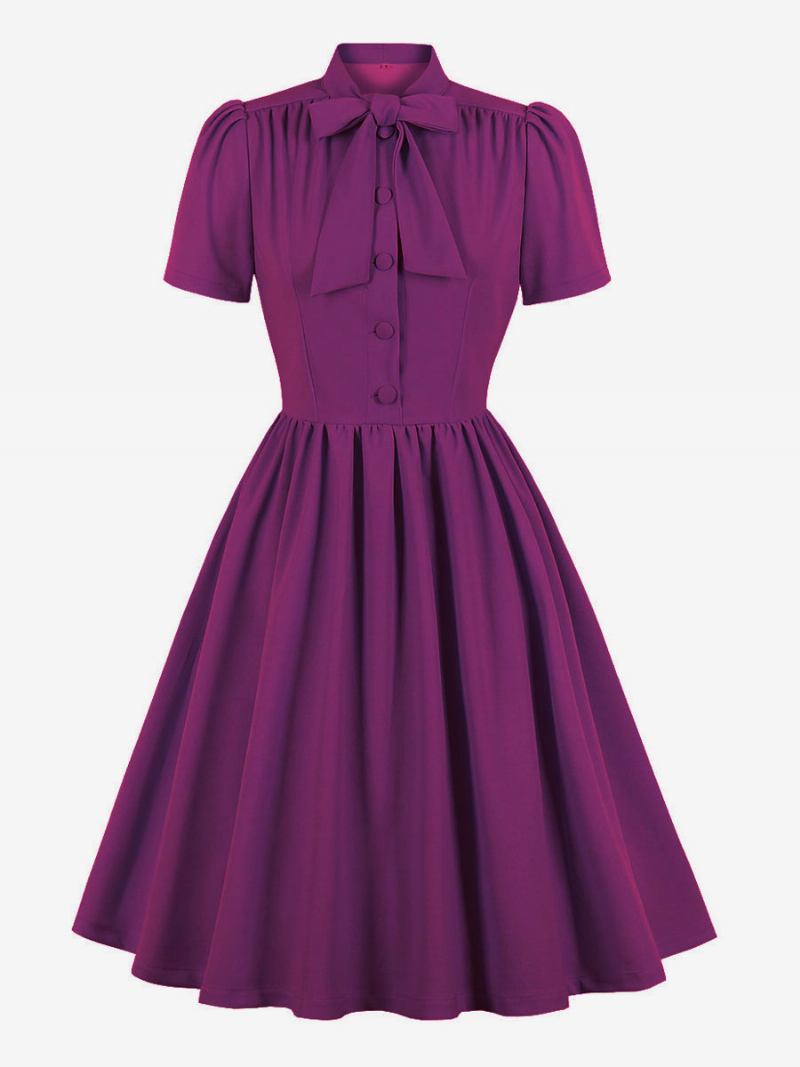 Vestido Retrô Anos 50 Audrey Hepburn Estilo Marinho Feminino Manga Curta Swing - Roxo