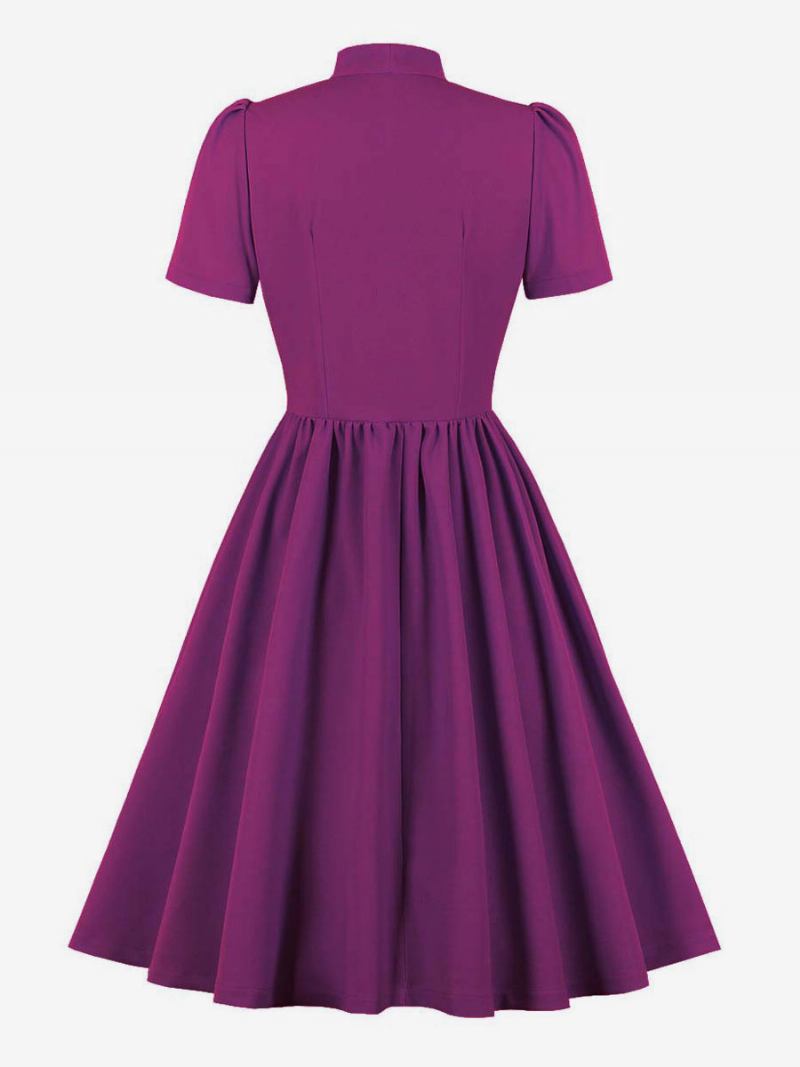 Vestido Retrô Anos 50 Audrey Hepburn Estilo Marinho Feminino Manga Curta Swing - Roxo