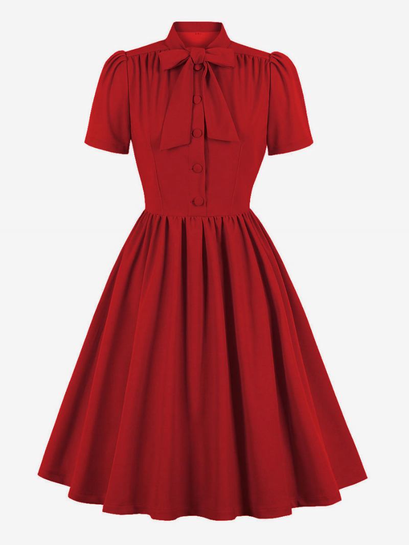 Vestido Retrô Anos 50 Audrey Hepburn Estilo Marinho Feminino Manga Curta Swing - Vermelho