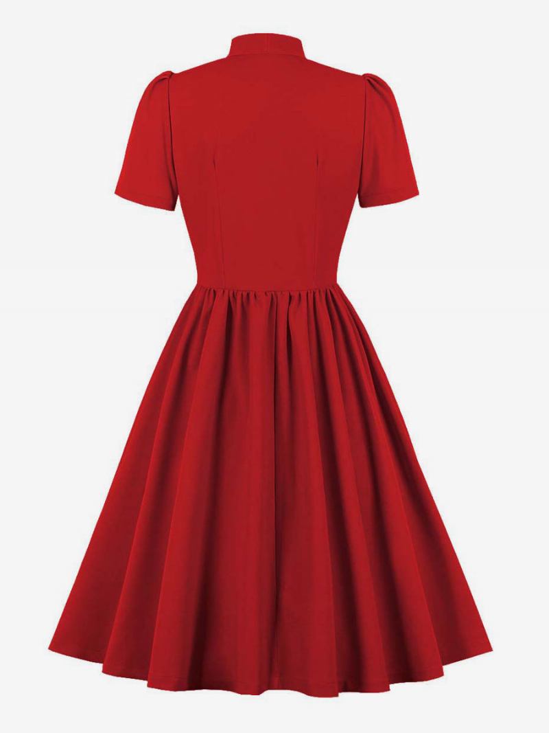 Vestido Retrô Anos 50 Audrey Hepburn Estilo Marinho Feminino Manga Curta Swing - Vermelho