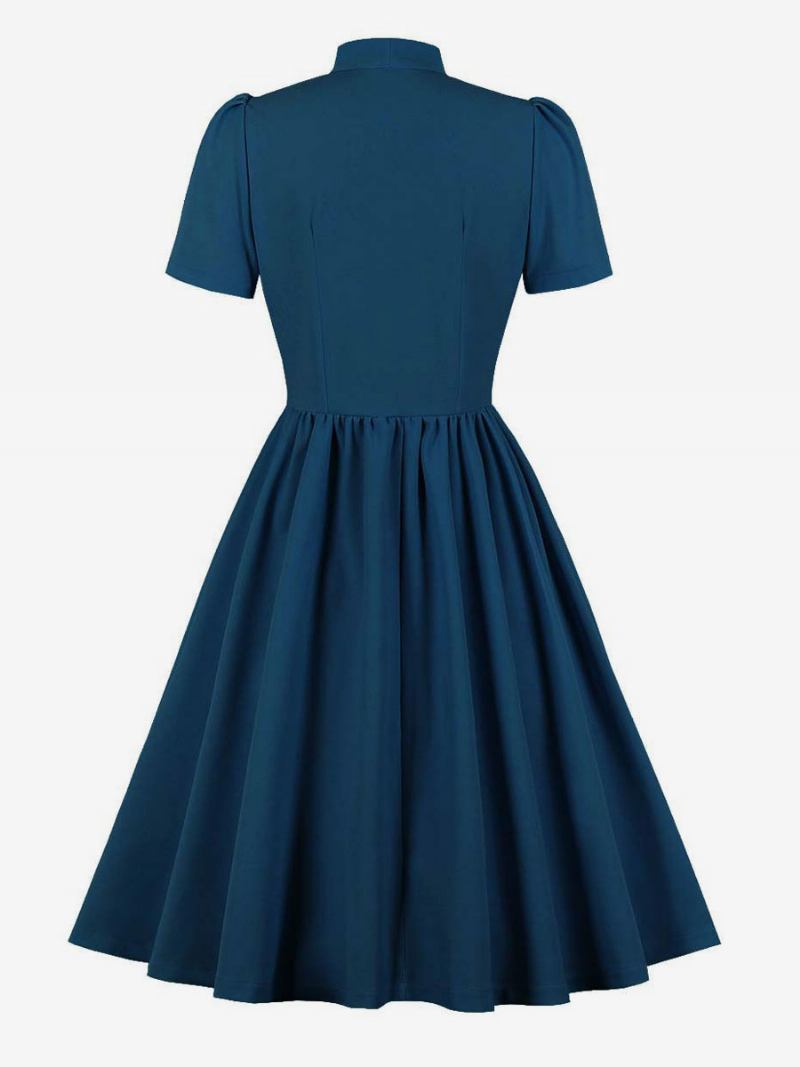 Vestido Retrô Anos 50 Audrey Hepburn Estilo Marinho Feminino Manga Curta Swing - Azul Marinho