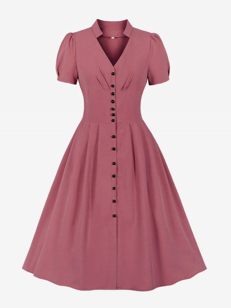 Vestido Retrô Anos 50 Audrey Hepburn Estilo Rosa Feminino Manga Curta Com Decote Em V Swing