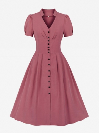 Vestido Retrô Anos 50 Audrey Hepburn Estilo Rosa Feminino Manga Curta Com Decote Em V Swing