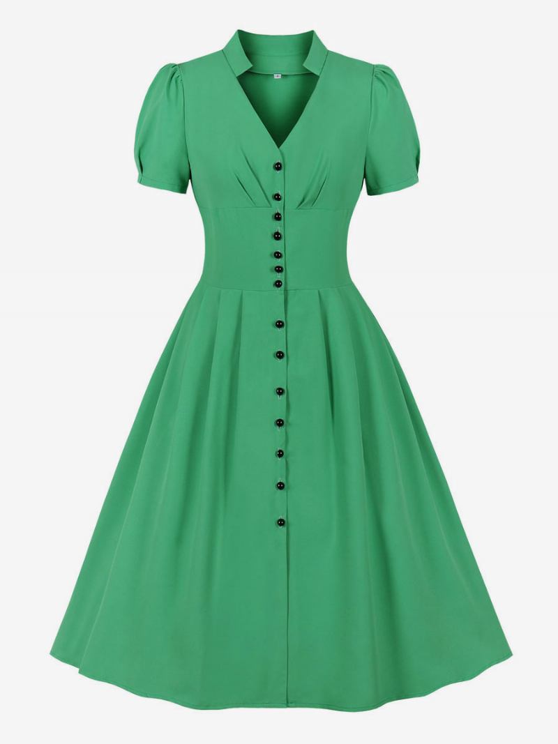 Vestido Retrô Anos 50 Audrey Hepburn Estilo Rosa Feminino Manga Curta Com Decote Em V Swing - Verde