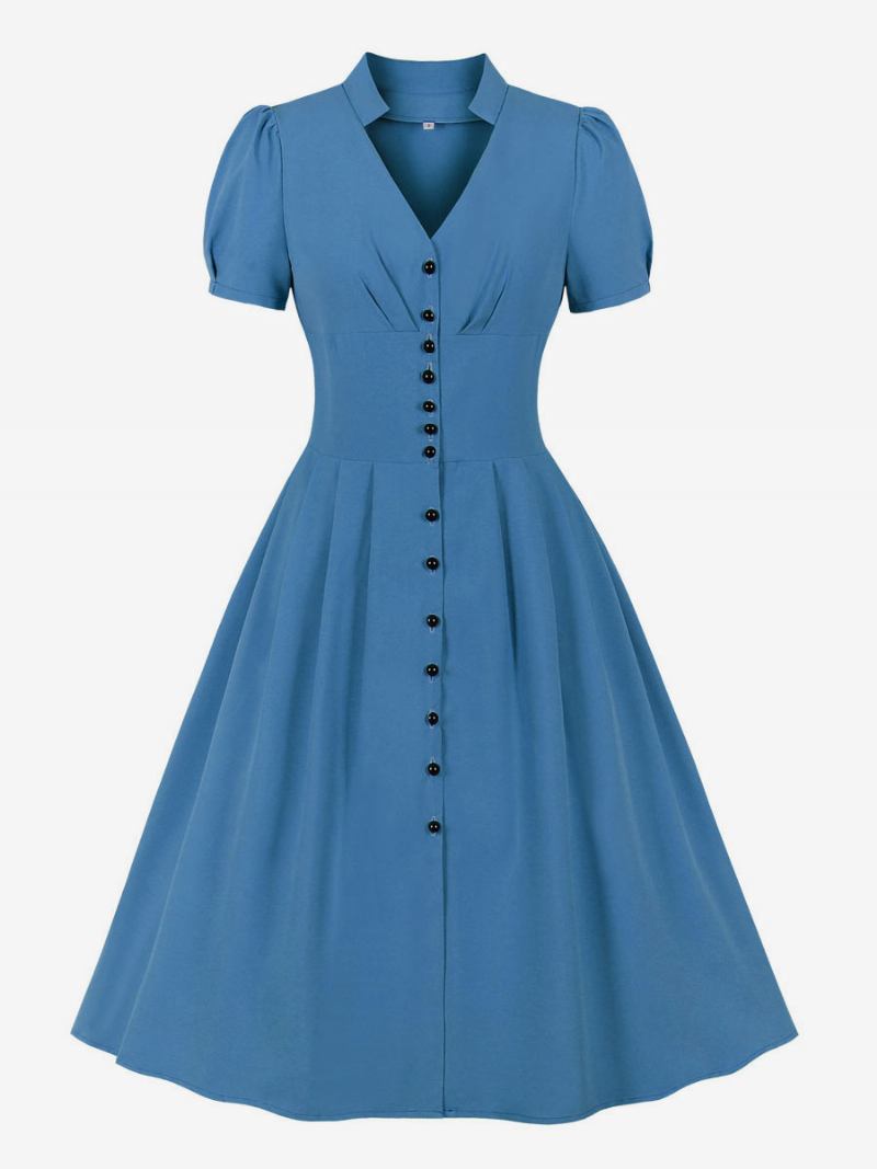 Vestido Retrô Anos 50 Audrey Hepburn Estilo Rosa Feminino Manga Curta Com Decote Em V Swing - Azul