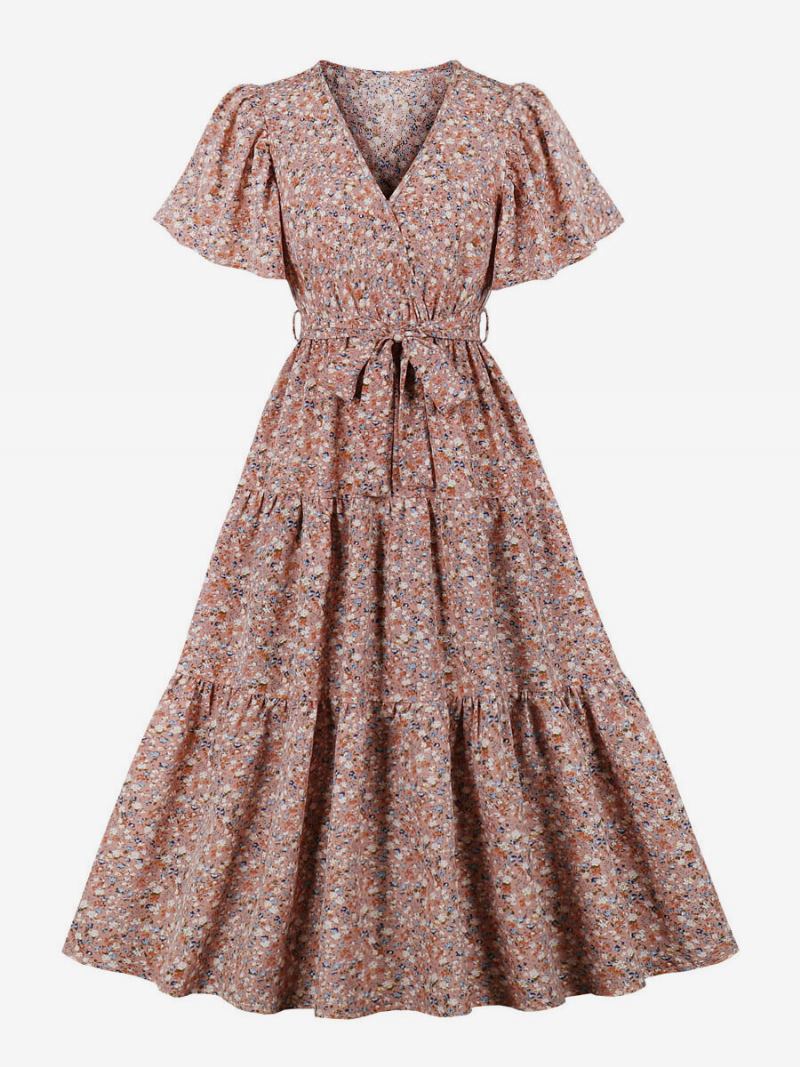 Vestido Retrô Anos 50 Audrey Hepburn Estilo Rosa Floral Estampado Feminino Com Renda Manga Curta Decote Em V Rockabilly