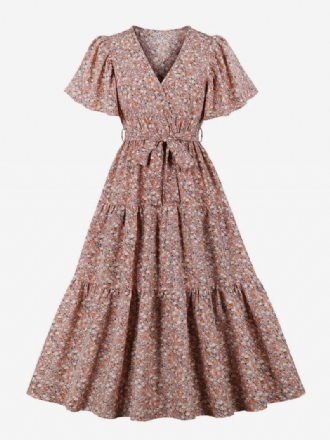 Vestido Retrô Anos 50 Audrey Hepburn Estilo Rosa Floral Estampado Feminino Com Renda Manga Curta Decote Em V Rockabilly