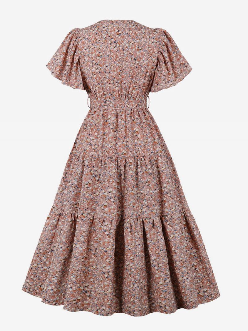 Vestido Retrô Anos 50 Audrey Hepburn Estilo Rosa Floral Estampado Feminino Com Renda Manga Curta Decote Em V Rockabilly - Rosa