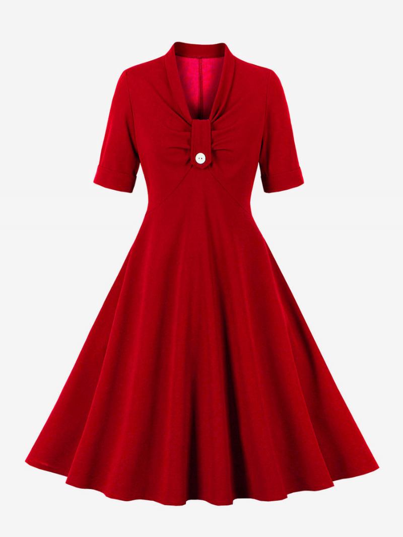 Vestido Retrô Anos 50 Audrey Hepburn Estilo Vermelho Feminino Manga Curta Rockabilly - Vermelho