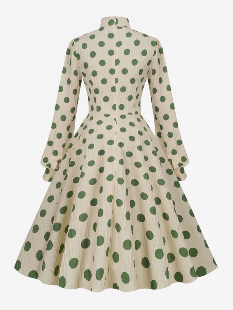 Vestido Retrô Dos Anos 1950 Audrey Hepburn Estilo Gola Alta Arcos Mangas Compridas Feminino Médio Bolinhas Swing - Verde