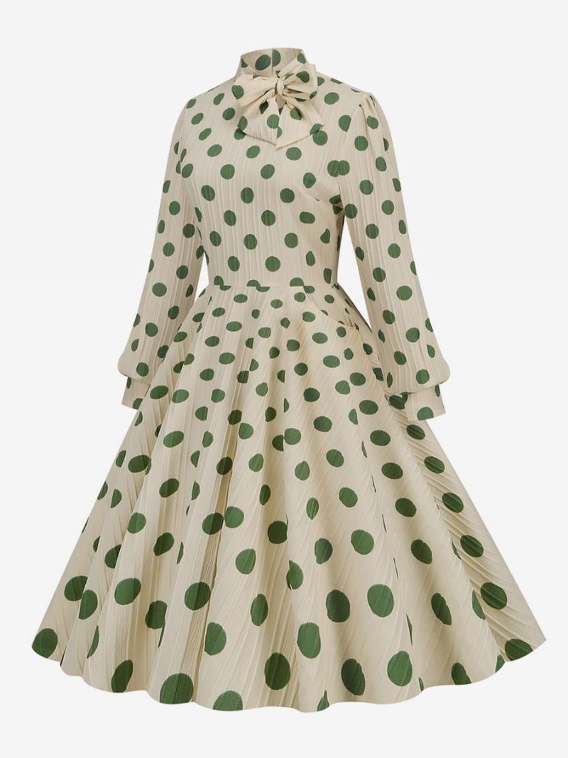 Vestido Retrô Dos Anos 1950 Audrey Hepburn Estilo Gola Alta Arcos Mangas Compridas Feminino Médio Bolinhas Swing - Verde