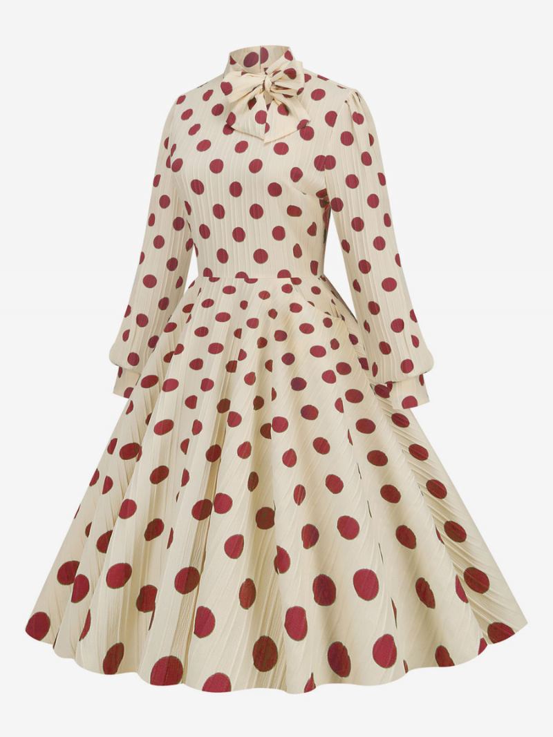 Vestido Retrô Dos Anos 1950 Audrey Hepburn Estilo Gola Alta Arcos Mangas Compridas Feminino Médio Bolinhas Swing - Vermelho