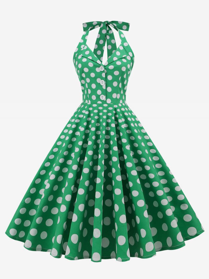 Vestido Retrô Dos Anos 1950 Audrey Hepburn Estilo Marinho Escuro Bolinhas Feminino Com Botões Sem Mangas Rockabilly