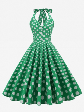 Vestido Retrô Dos Anos 1950 Audrey Hepburn Estilo Marinho Escuro Bolinhas Feminino Com Botões Sem Mangas Rockabilly