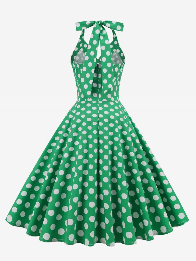 Vestido Retrô Dos Anos 1950 Audrey Hepburn Estilo Marinho Escuro Bolinhas Feminino Com Botões Sem Mangas Rockabilly - Verde