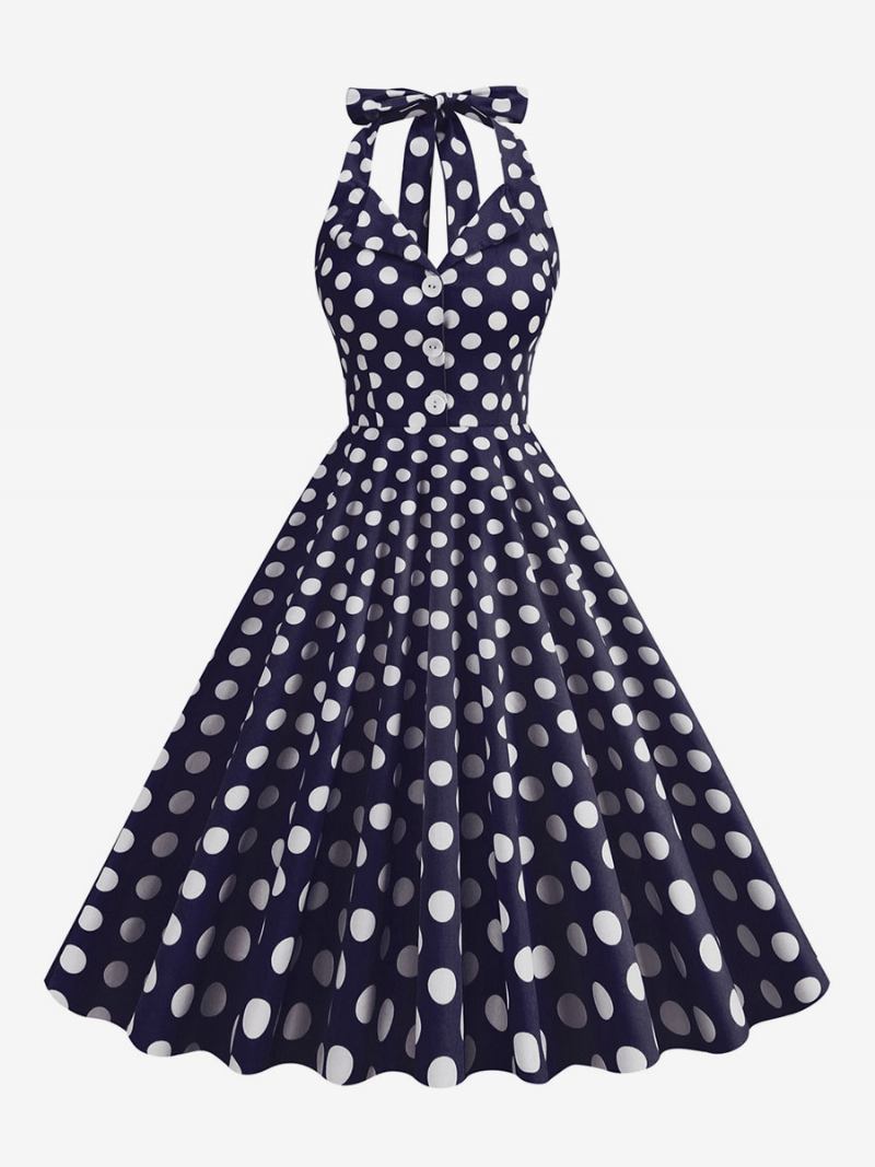 Vestido Retrô Dos Anos 1950 Audrey Hepburn Estilo Marinho Escuro Bolinhas Feminino Com Botões Sem Mangas Rockabilly - Marinho Escuro