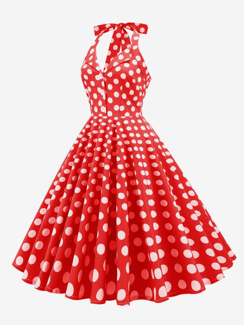 Vestido Retrô Dos Anos 1950 Audrey Hepburn Estilo Marinho Escuro Bolinhas Feminino Com Botões Sem Mangas Rockabilly - Vermelho