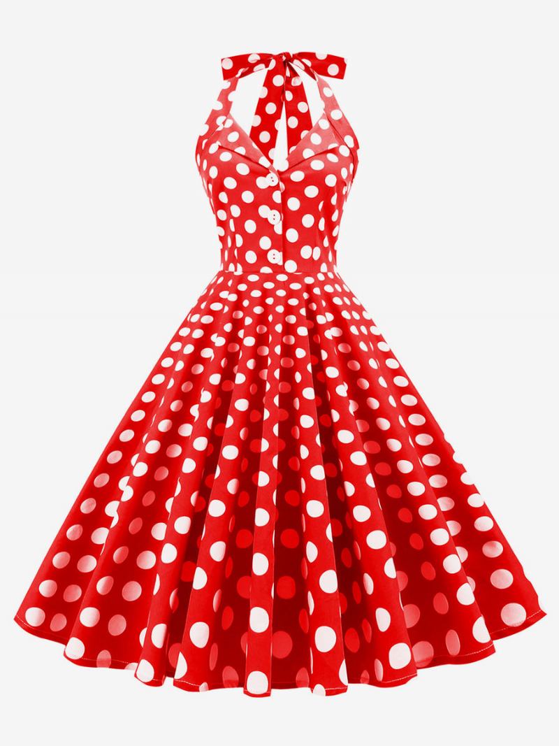 Vestido Retrô Dos Anos 1950 Audrey Hepburn Estilo Marinho Escuro Bolinhas Feminino Com Botões Sem Mangas Rockabilly - Vermelho