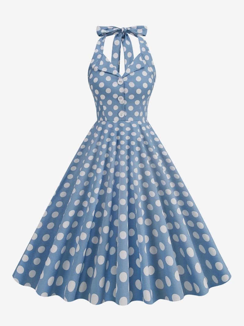 Vestido Retrô Dos Anos 1950 Audrey Hepburn Estilo Marinho Escuro Bolinhas Feminino Com Botões Sem Mangas Rockabilly - Azul Céu Claro