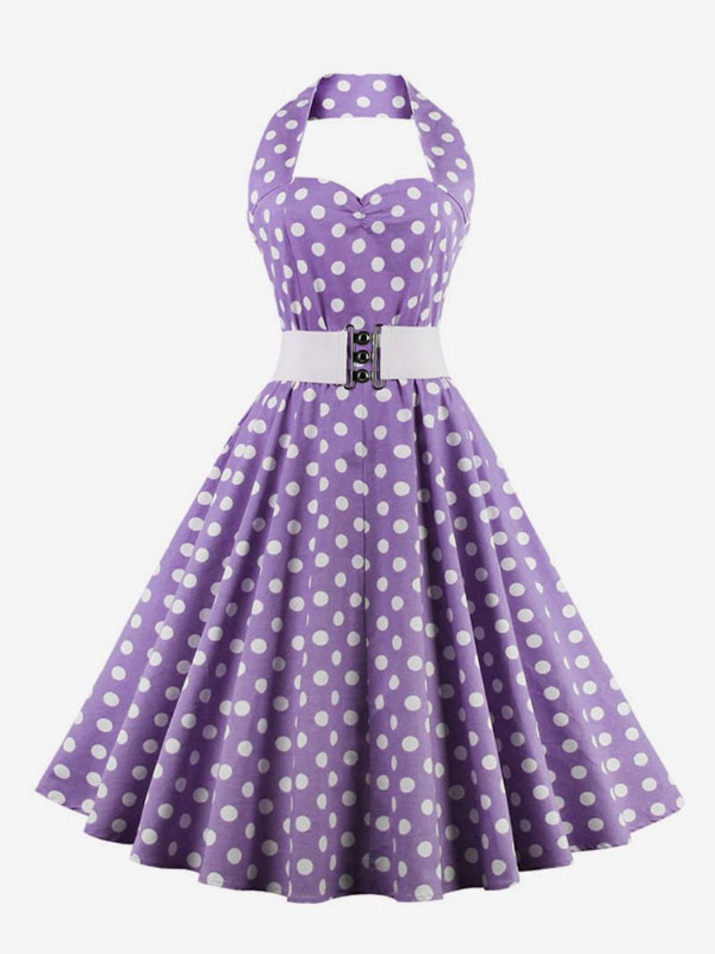 Vestido Retrô Dos Anos 1950 Audrey Hepburn Estilo Sem Mangas Feminino Na Altura Do Joelho Swing Bolinhas - Roxo 