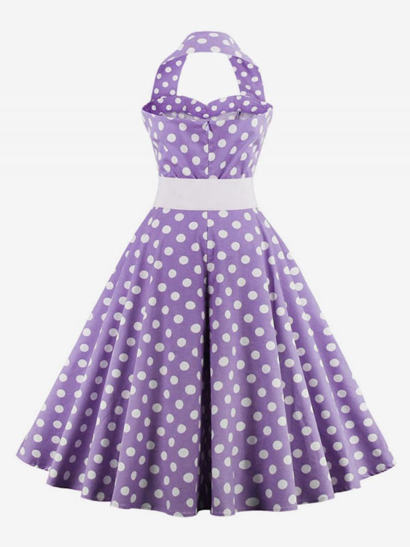 Vestido Retrô Dos Anos 1950 Audrey Hepburn Estilo Sem Mangas Feminino Na Altura Do Joelho Swing Bolinhas - Roxo 