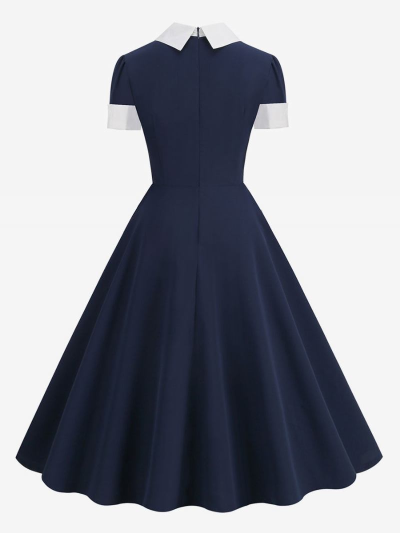 Vestido Retrô Dos Anos 1950. Estilo Audrey Hepburn Gola Peter Pan Manga Curta Feminino Médio Em Dois Tons - Azul Marinho