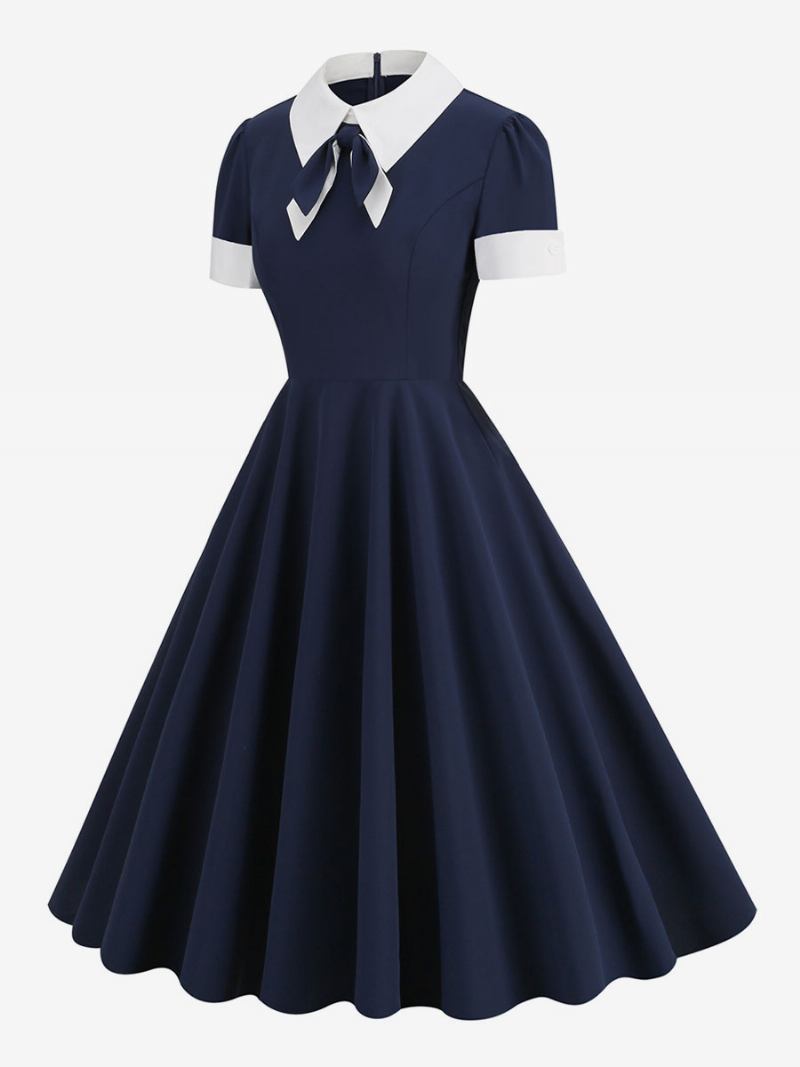 Vestido Retrô Dos Anos 1950. Estilo Audrey Hepburn Gola Peter Pan Manga Curta Feminino Médio Em Dois Tons - Azul Marinho