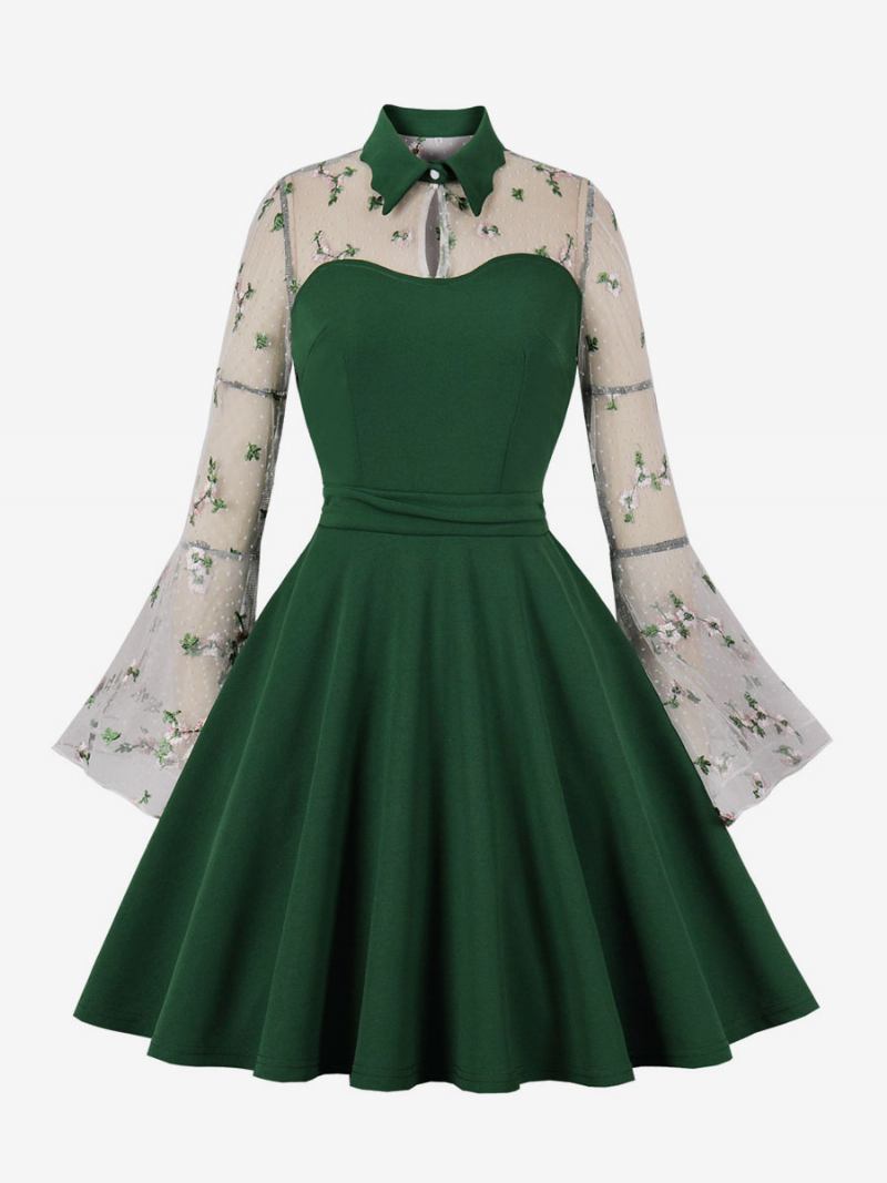 Vestido Retrô Dos Anos 1950 Estilo Audrey Hepburn Manga Comprida Feminino Na Altura Do Joelho Rockabilly Em Dois Tons - Verde