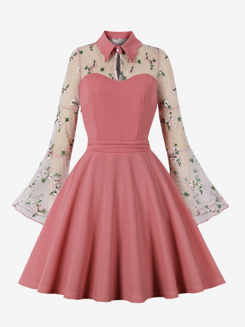 Vestido Retrô Dos Anos 1950 Estilo Audrey Hepburn Manga Comprida Feminino Na Altura Do Joelho Rockabilly Em Dois Tons - Rosa