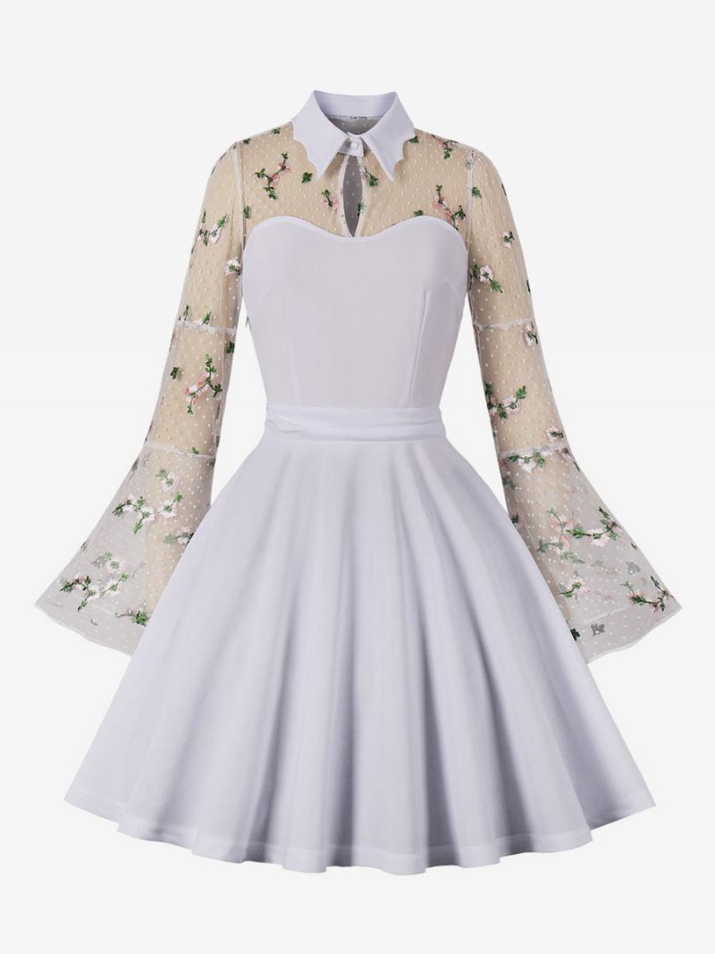 Vestido Retrô Dos Anos 1950 Estilo Audrey Hepburn Manga Comprida Feminino Na Altura Do Joelho Rockabilly Em Dois Tons - Branco