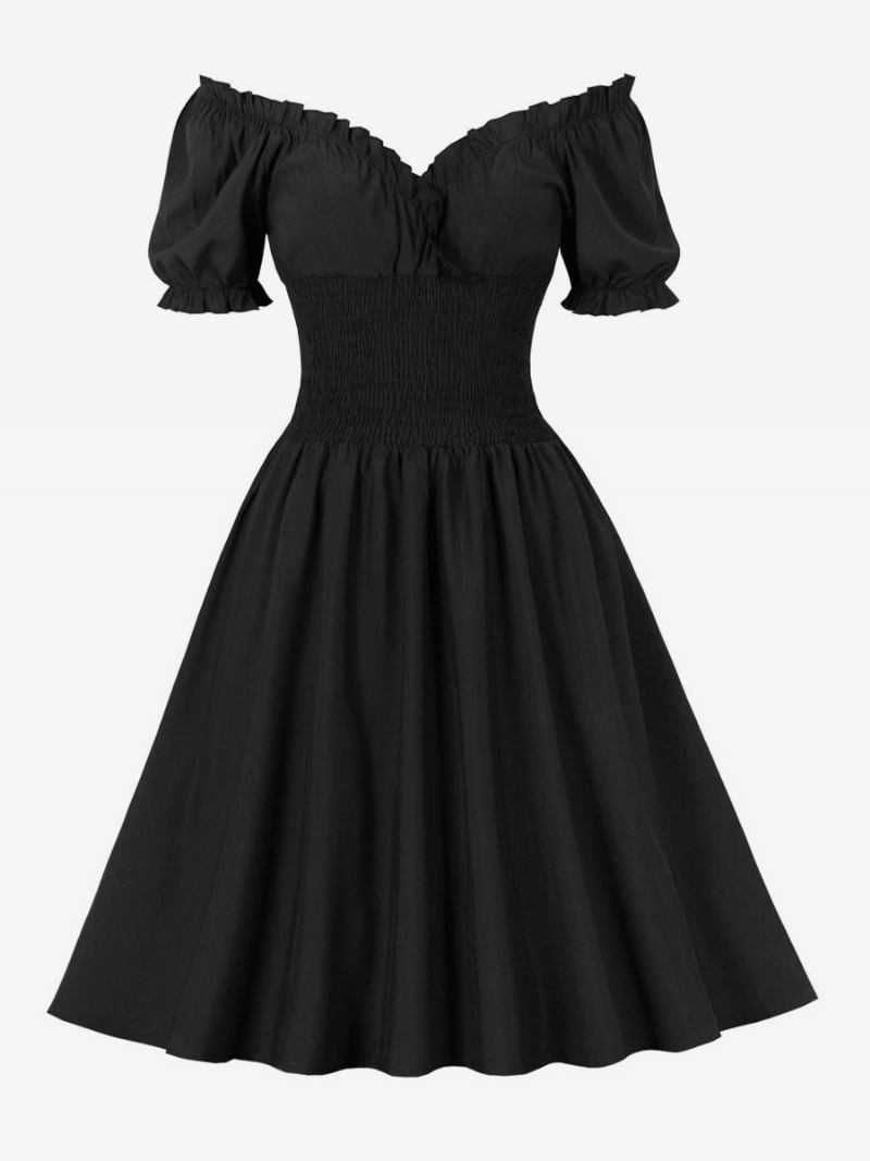 Vestido Retrô Dos Anos 1950. Estilo Audrey Hepburn Preto Feminino Mangas Curtas