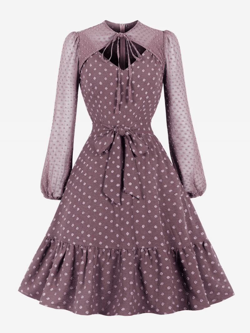 Vestido Retrô Dos Anos 50 Audrey Hepburn Estilo Feminino Mangas Compridas Na Altura Do Joelho - Roxo