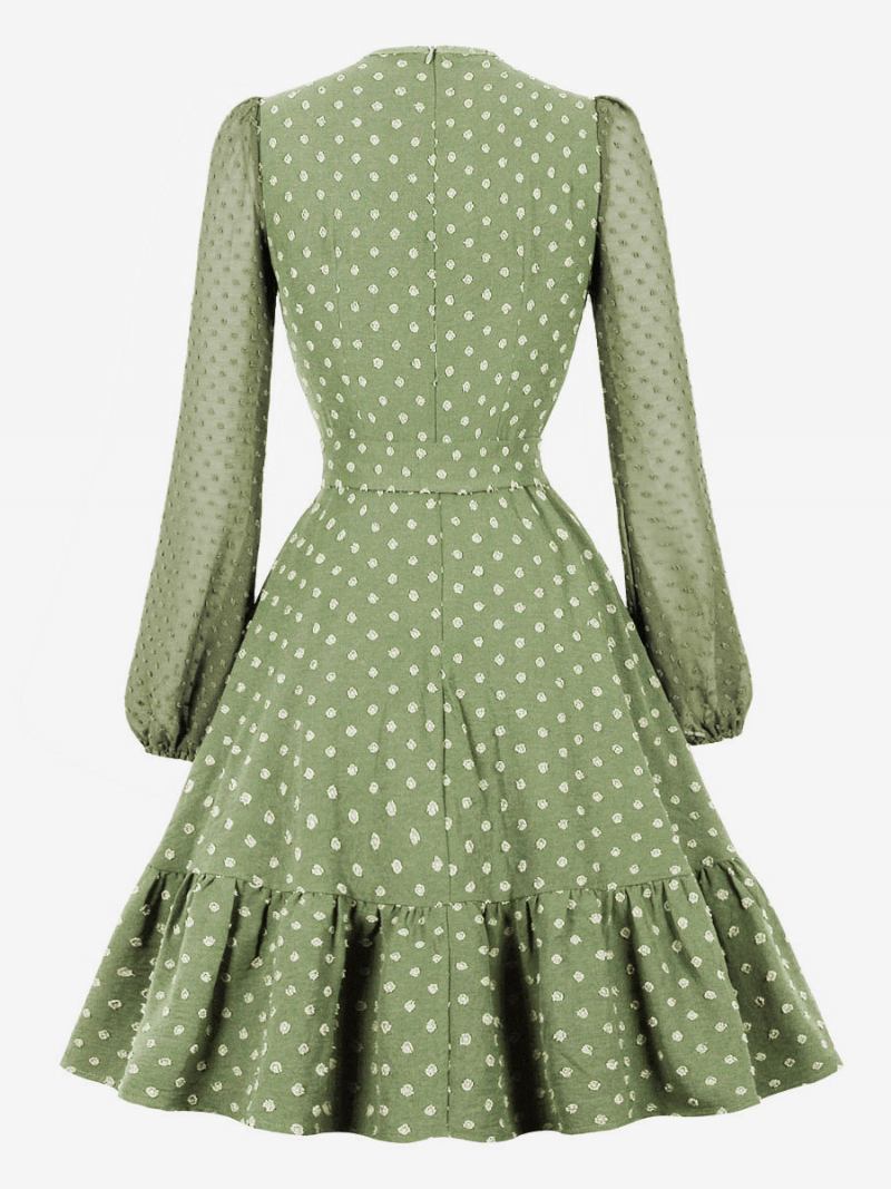 Vestido Retrô Dos Anos 50 Audrey Hepburn Estilo Feminino Mangas Compridas Na Altura Do Joelho - Verde Claro