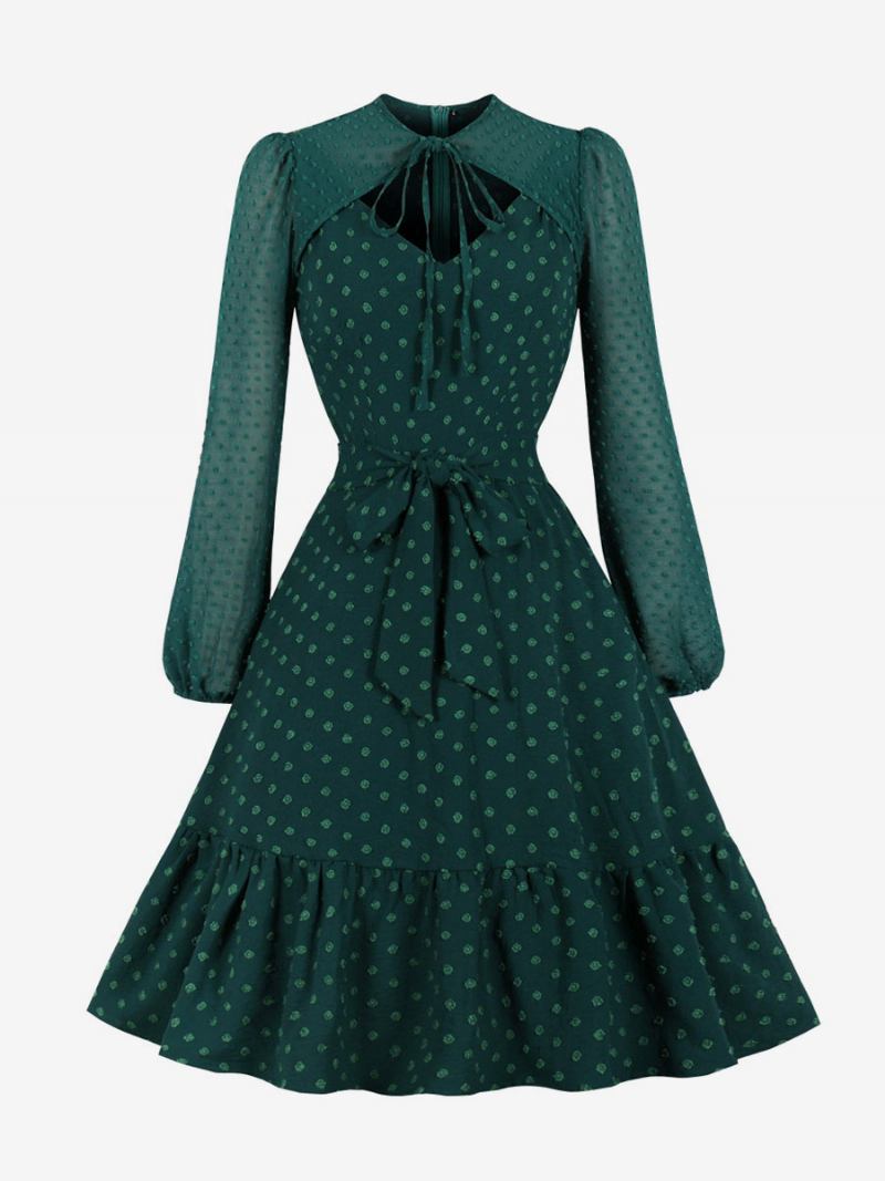 Vestido Retrô Dos Anos 50 Audrey Hepburn Estilo Feminino Mangas Compridas Na Altura Do Joelho - Verde Escuro