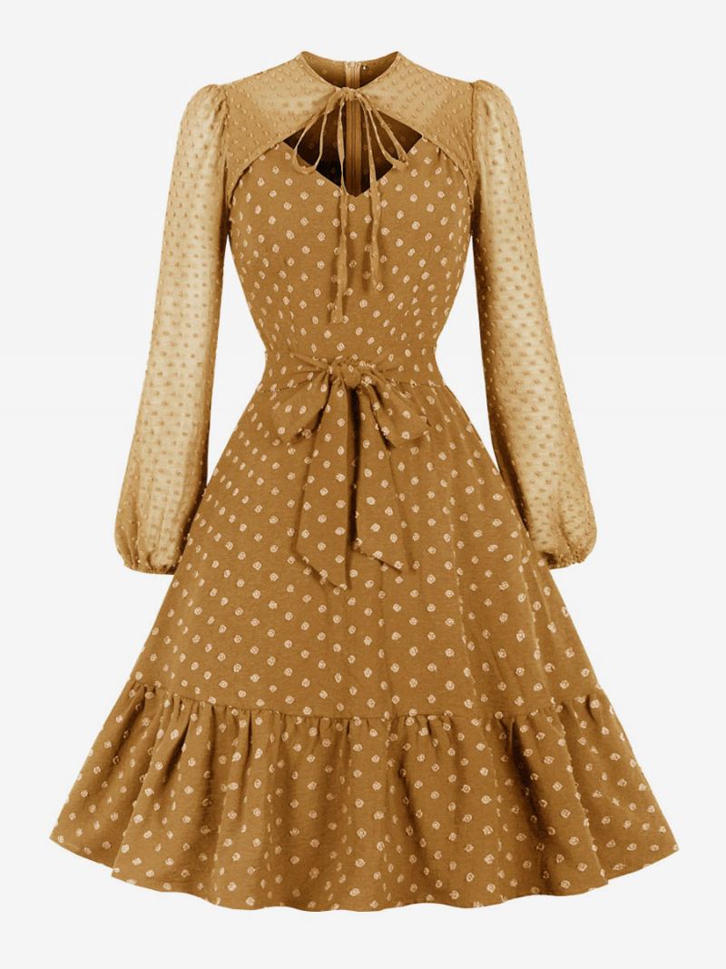 Vestido Retrô Dos Anos 50 Audrey Hepburn Estilo Feminino Mangas Compridas Na Altura Do Joelho - Amarelo