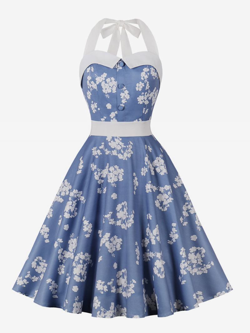 Vestido Retrô Feminino Azul Bebê Estampa Floral Anos 50 Estilo Audrey Hepburn Sem Mangas Frente Única Rockabilly