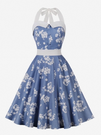 Vestido Retrô Feminino Azul Bebê Estampa Floral Anos 50 Estilo Audrey Hepburn Sem Mangas Frente Única Rockabilly