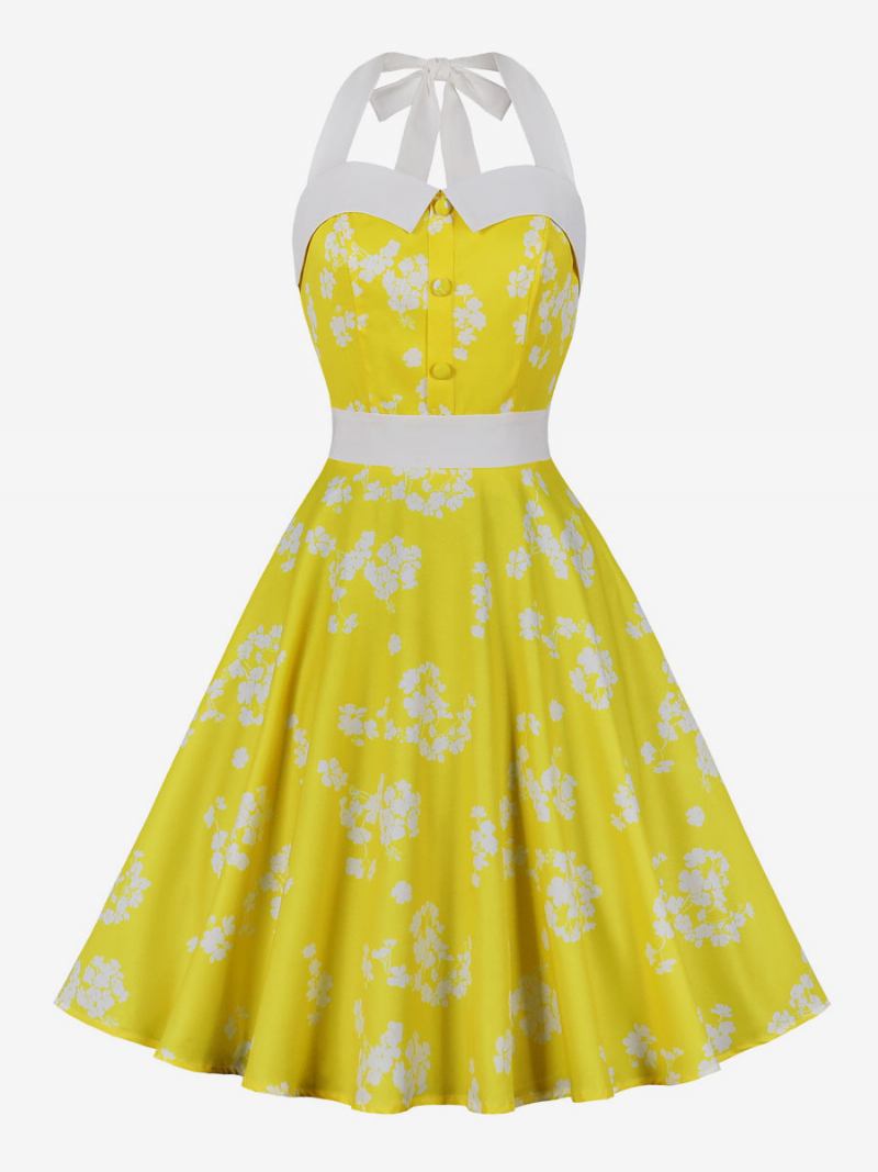 Vestido Retrô Feminino Azul Bebê Estampa Floral Anos 50 Estilo Audrey Hepburn Sem Mangas Frente Única Rockabilly - Amarelo