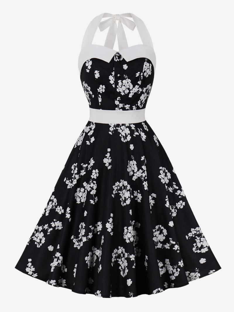 Vestido Retrô Feminino Azul Bebê Estampa Floral Anos 50 Estilo Audrey Hepburn Sem Mangas Frente Única Rockabilly - Preto