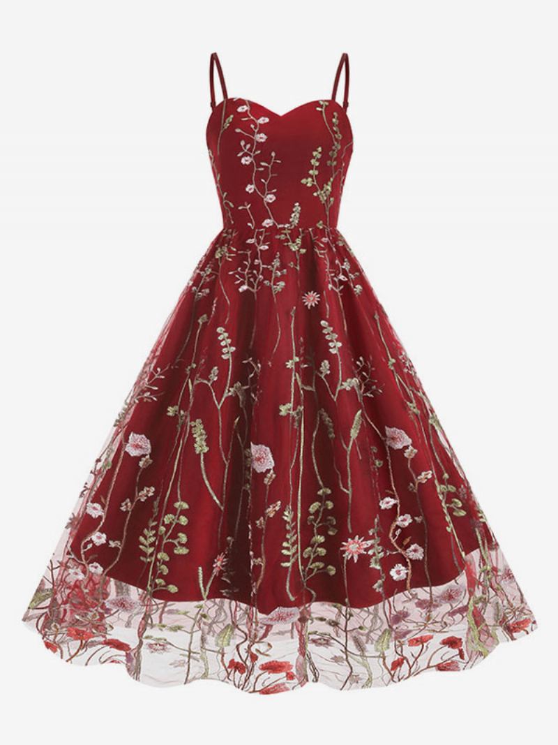 Vestido Retrô Feminino Dos Anos 1950 Audrey Hepburn Estilo Alças Pescoço Bordado Sem Mangas Rockabilly Estampado Médio - Vermelho