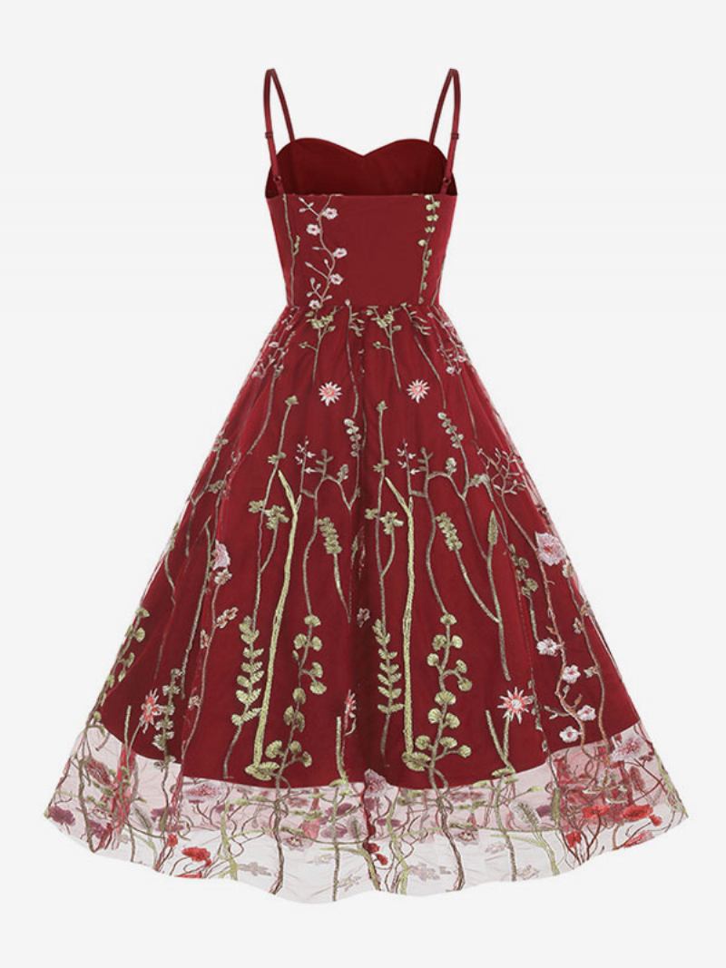 Vestido Retrô Feminino Dos Anos 1950 Audrey Hepburn Estilo Alças Pescoço Bordado Sem Mangas Rockabilly Estampado Médio - Vermelho