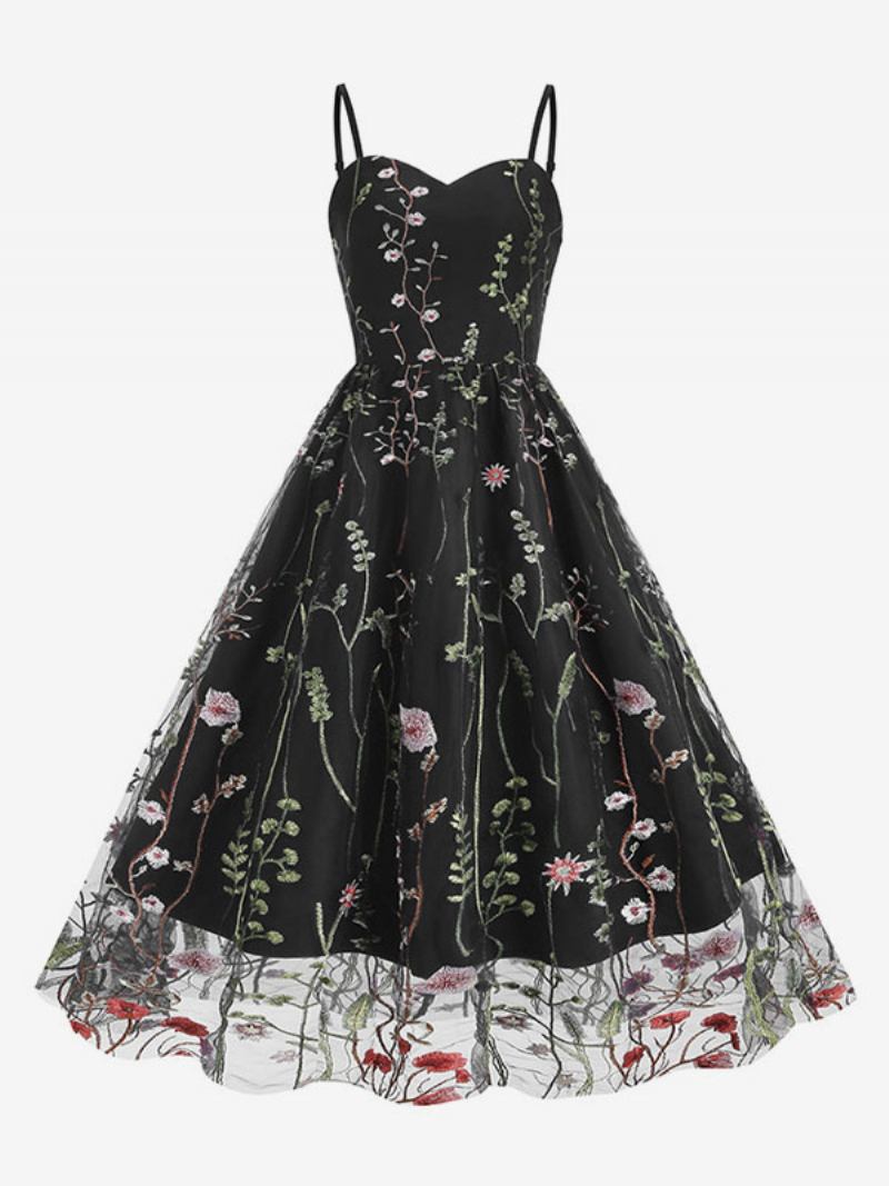 Vestido Retrô Feminino Dos Anos 1950 Audrey Hepburn Estilo Alças Pescoço Bordado Sem Mangas Rockabilly Estampado Médio - Preto