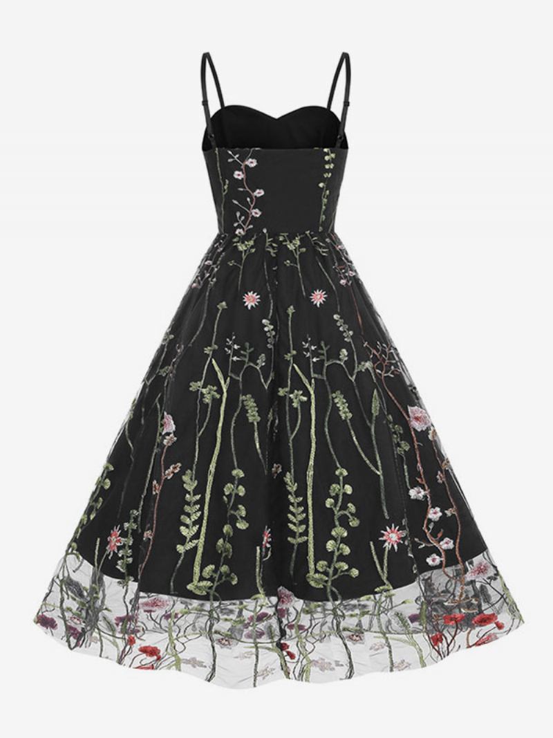 Vestido Retrô Feminino Dos Anos 1950 Audrey Hepburn Estilo Alças Pescoço Bordado Sem Mangas Rockabilly Estampado Médio - Preto