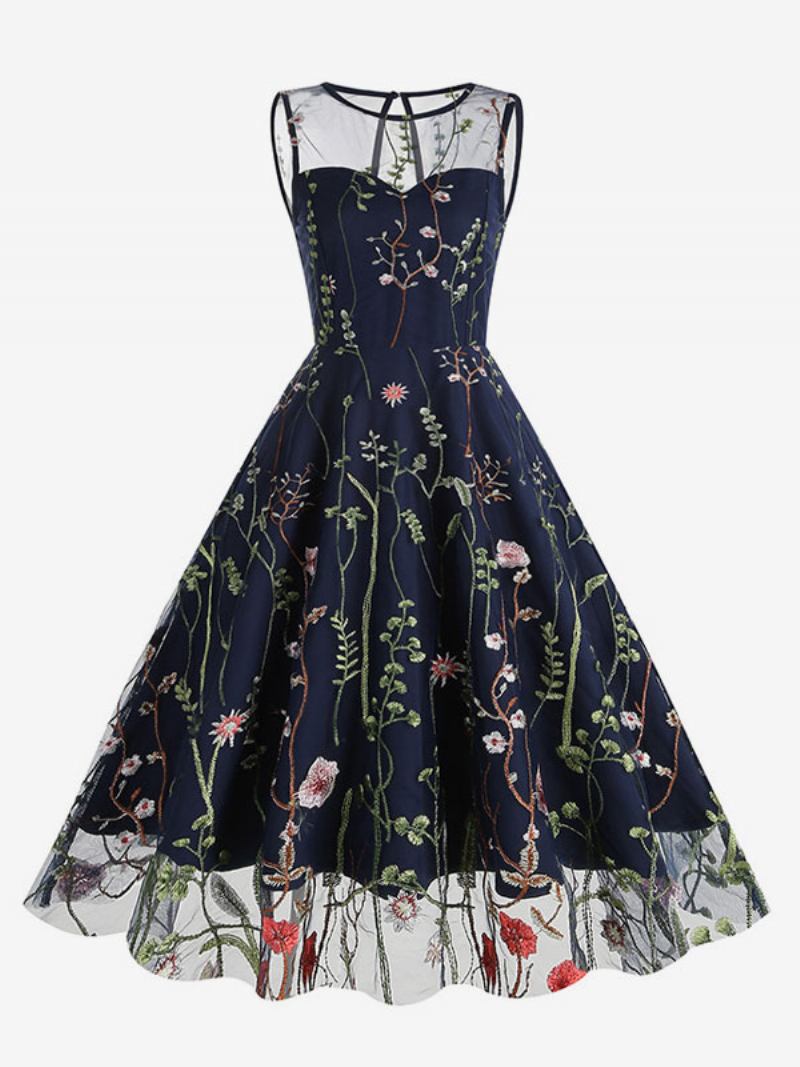 Vestido Retrô Feminino Dos Anos 1950 Audrey Hepburn Estilo Azul Estampa Floral Transparente Bordado Sem Mangas Com Gola Joia Rockabilly