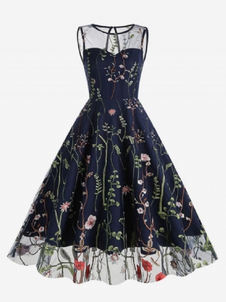 Vestido Retrô Feminino Dos Anos 1950 Audrey Hepburn Estilo Azul Estampa Floral Transparente Bordado Sem Mangas Com Gola Joia Rockabilly