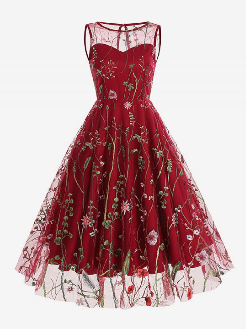 Vestido Retrô Feminino Dos Anos 1950 Audrey Hepburn Estilo Azul Estampa Floral Transparente Bordado Sem Mangas Com Gola Joia Rockabilly - Vermelho