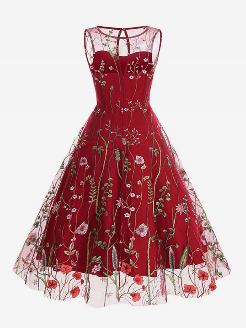 Vestido Retrô Feminino Dos Anos 1950 Audrey Hepburn Estilo Azul Estampa Floral Transparente Bordado Sem Mangas Com Gola Joia Rockabilly - Vermelho