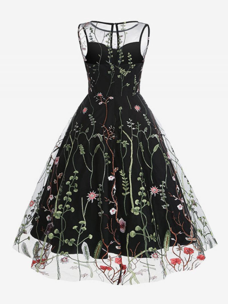 Vestido Retrô Feminino Dos Anos 1950 Audrey Hepburn Estilo Azul Estampa Floral Transparente Bordado Sem Mangas Com Gola Joia Rockabilly - Preto